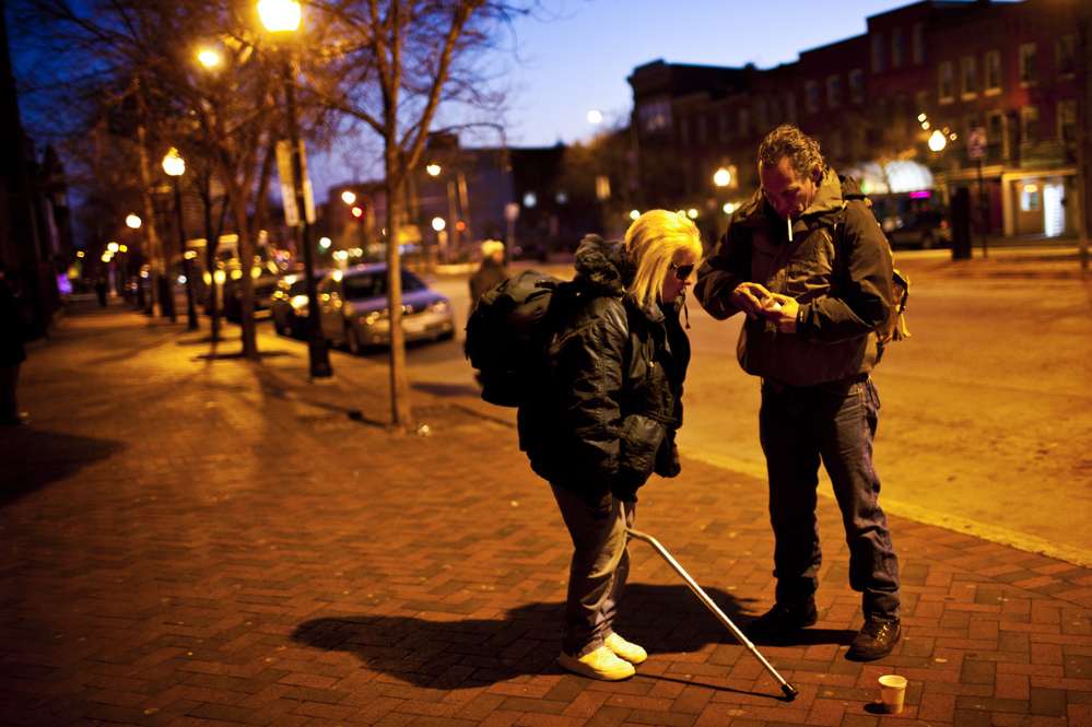 Tony Lithgow, 49, and Andrea Mayer, 51, live together on the streets of Baltimore. Researchers say the aging homeless population is due to younger baby boomers who came of age during the 1970s and '80s, when there were back-to-back recessions.