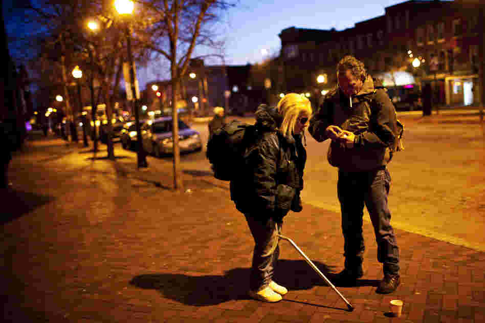 Tony Lithgow, 49, and Andrea Mayer, 51, live together on the streets of Baltimore. Researchers say the aging homeless population is due to younger baby boomers who came of age during the 1970s and '80s, when there were back-to-back recessions.