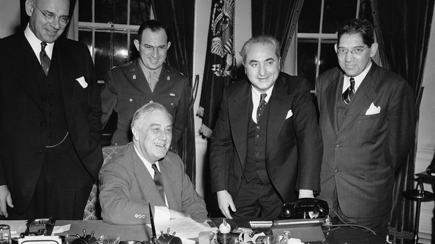 President Franklin D. Roosevelt meets with the National Jewish Welfare Board — (left to right) Walter Rothschild, Chaplain Aryeh Lev, Barnett Brickner and Louis Kraft — at the White House on Nov. 8, 1943.