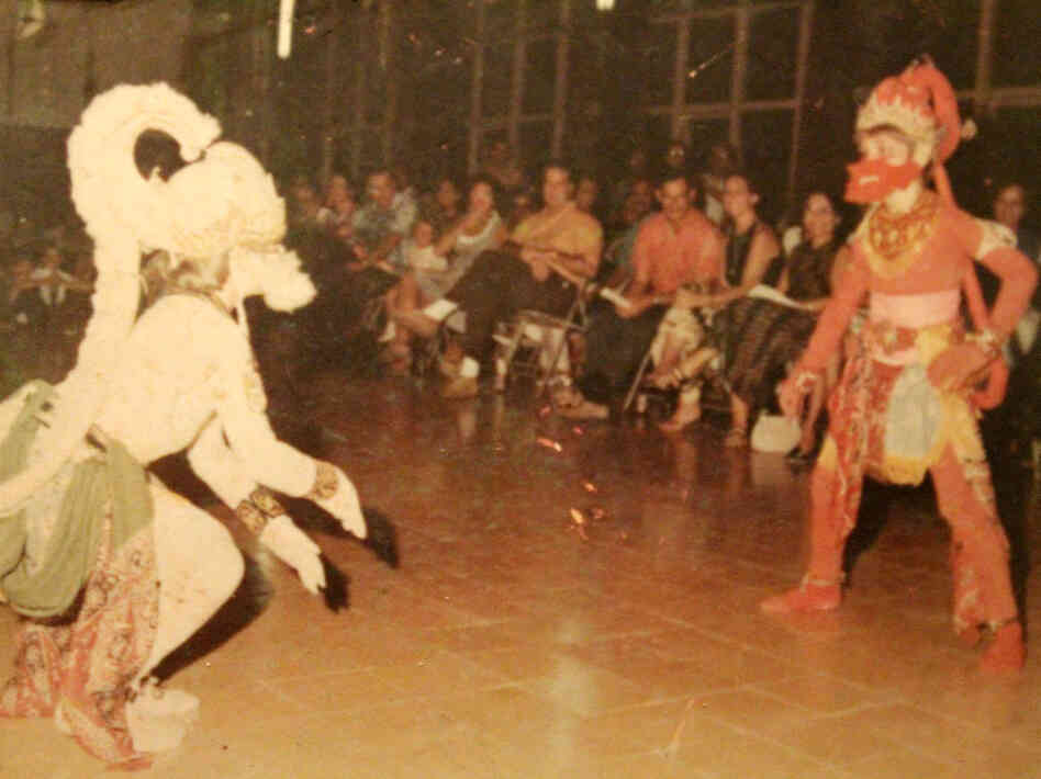 Sullivan (left) dancing Hanuman, the white monkey role in a Javanese dance performance in Jakarta in about 1970. Sullivan (left) dancing Hanuman, the white monkey role in a Javanese dance performance in Jakarta in about 1970.