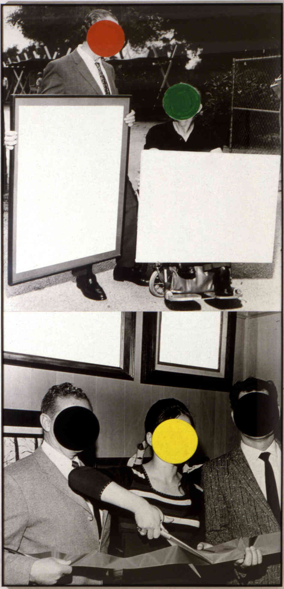 "Cutting Ribbon, Man In Wheelchair, Paintings (Version #2), 1988" shows John Baldessari's signature technique, faces covered with colorful circles. The practice had its genesis when the artist idly stuck a price sticker on the face of someone pictured in a newspaper clipping. "Cutting Ribbon, Man In Wheelchair, Paintings (Version #2), 1988" shows John Baldessari's signature technique, faces covered with colorful circles. The practice had its genesis when the artist idly stuck a price sticker on the face of someone pictured in a newspaper clipping.
