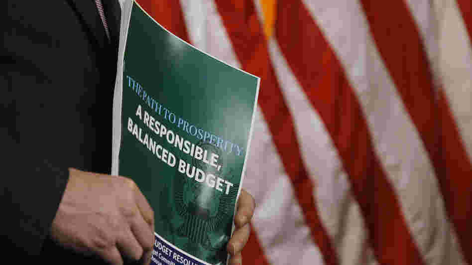 A member of the House Budget Committee holds a copy of the Republican budget proposal on Tuesday in Washington.