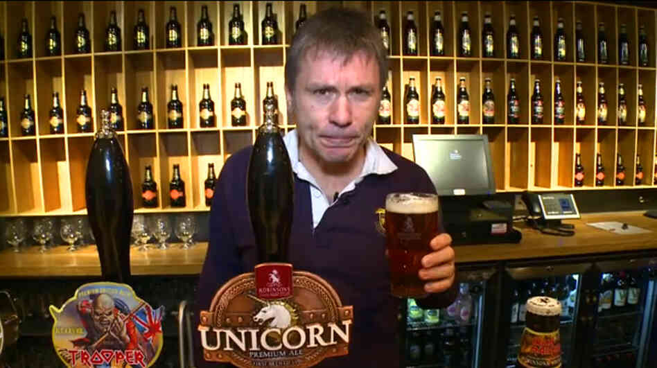 Iron Maiden lead singer Bruce Dickinson samples his band's latest offering, Trooper ale, made with what he calls "our special secret-squirrel recipe."