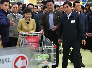 South Korean President Park Geun-hye pushes a cart in a store in the capital Seoul. In remarks Wednesday, North Korea referred to the "venomous swish" of her skirt.