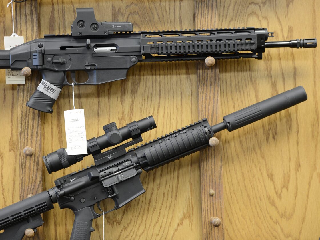 Assault-style rifles on display at Chuck's Firearms gun store in Atlanta.