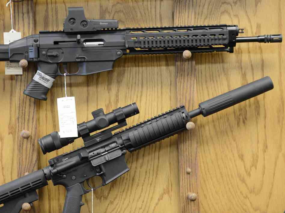 Assault-style rifles on display at Chuck's Firearms gun store in Atlanta.
