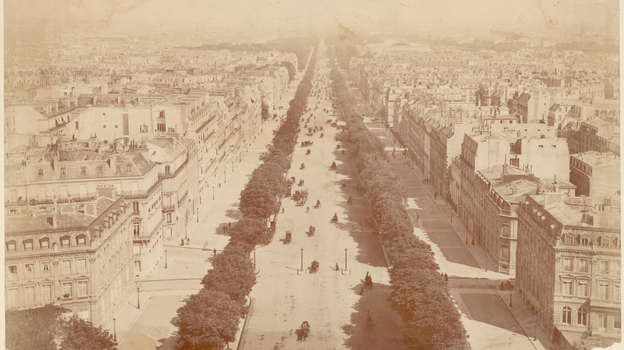 A view down the Champs Elysees, from the top of the Arc de Triomphe, circa 1860.