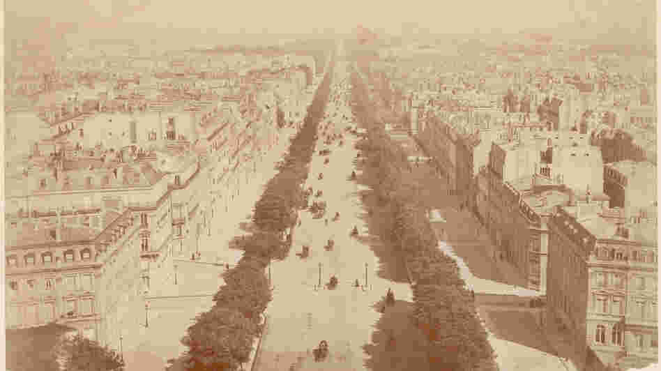 A view down the Champs Elysees, from the top of the Arc de Triomphe, circa 1860.