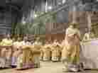 Jorge Mario Bergoglio attends his first Mass with cardinals as Pope Francis in the Sistine Chapel on March 14, 2013 in Vatican City.
