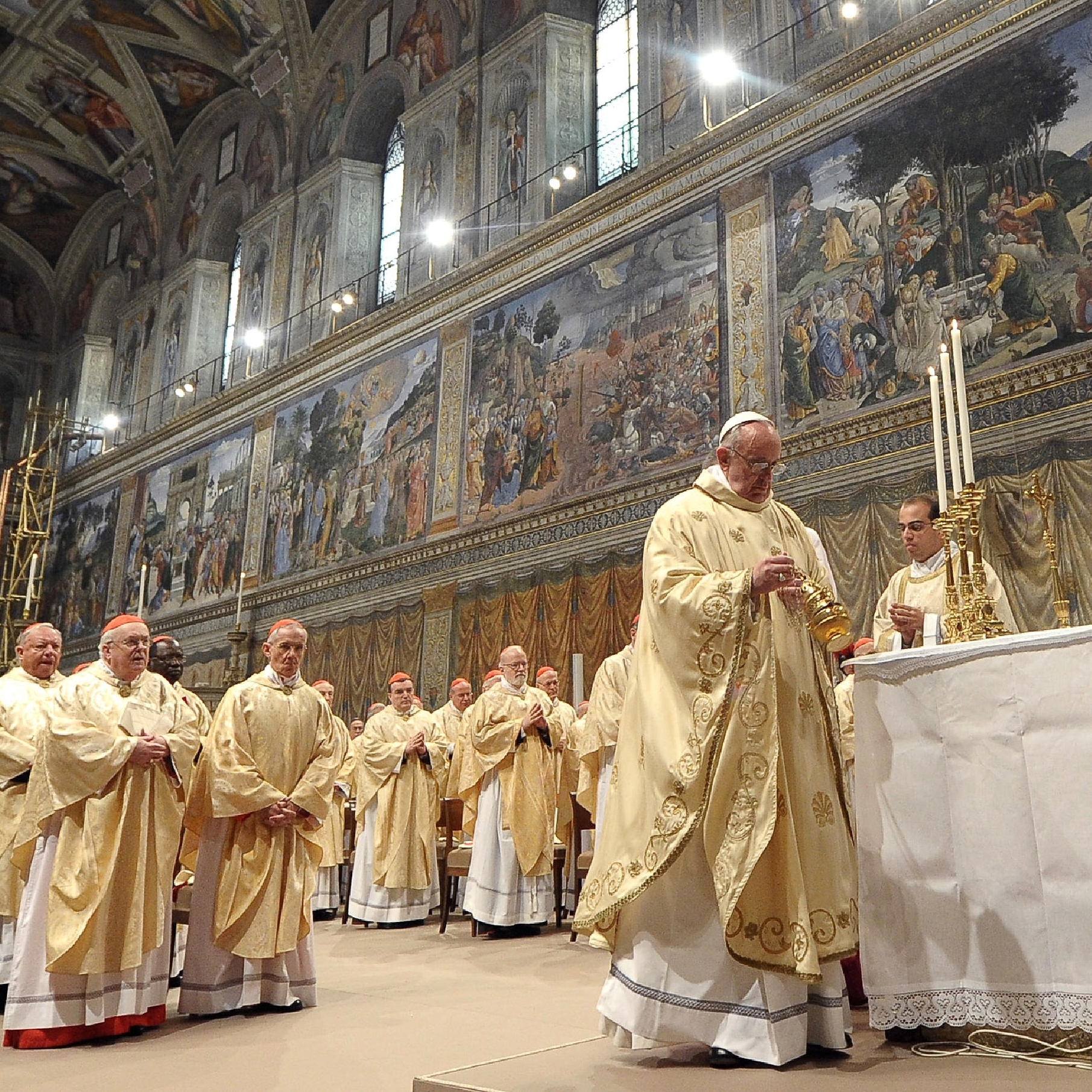 Jorge Mario Bergoglio attends his first Mass with cardinals as Pope Francis in the Sistine Chapel on March 14, 2013 in Vatican City.