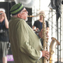 Sangam performs at the 2011 Newport Jazz Festival. From left to right: Eric Harland, Zakir Hussain and Charles Lloyd.
