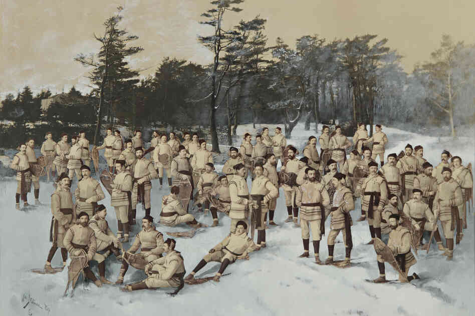 Red Cap Snow Shoe Club, Halifax, Nova Scotia, circa 1888, collage of albumen prints with applied media (Wm. Notman and Son, Montreal, Eugene L'Africain, William Notman)