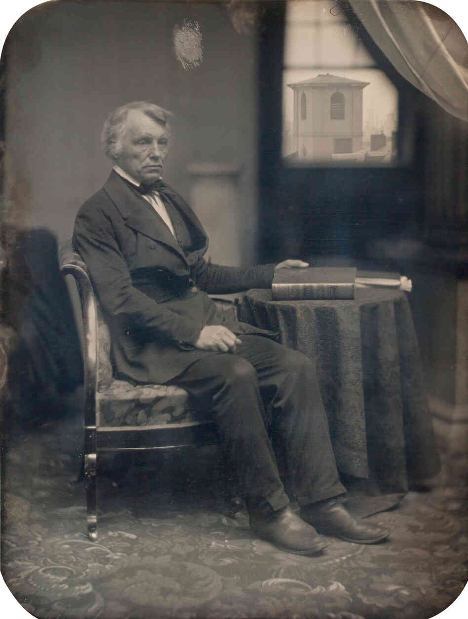 Seated man with Brattle Street Church seen through window, 1850s (Albert Sands Southworth, Josiah Johnson Hawes)