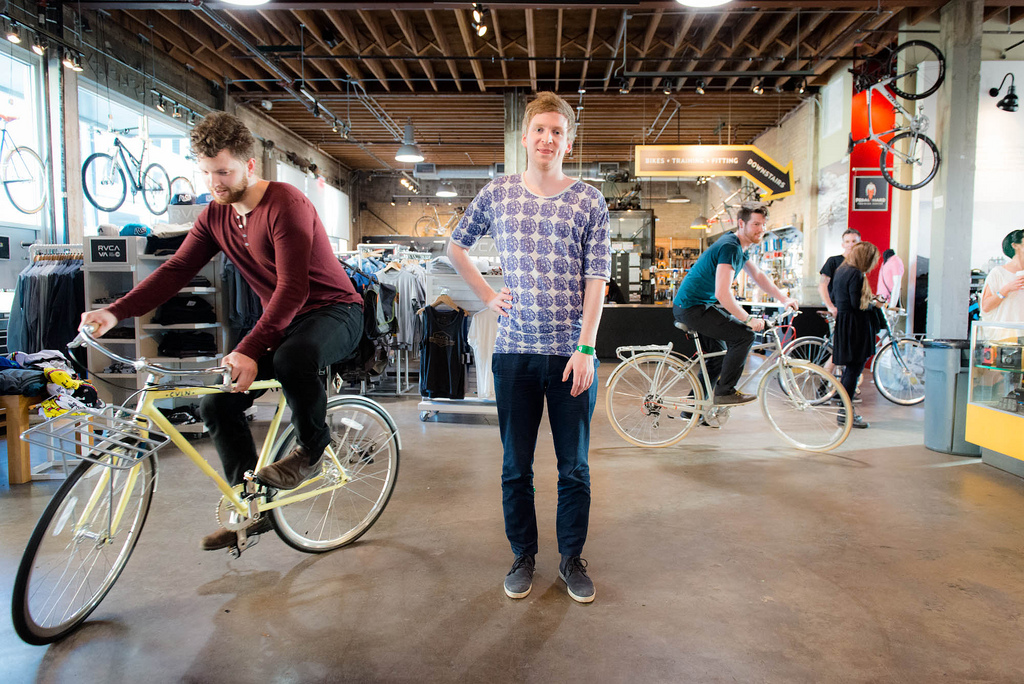Olafur Arnalds' band circles around him at Mellow Johnny's before a set at the KEXP showcase. 