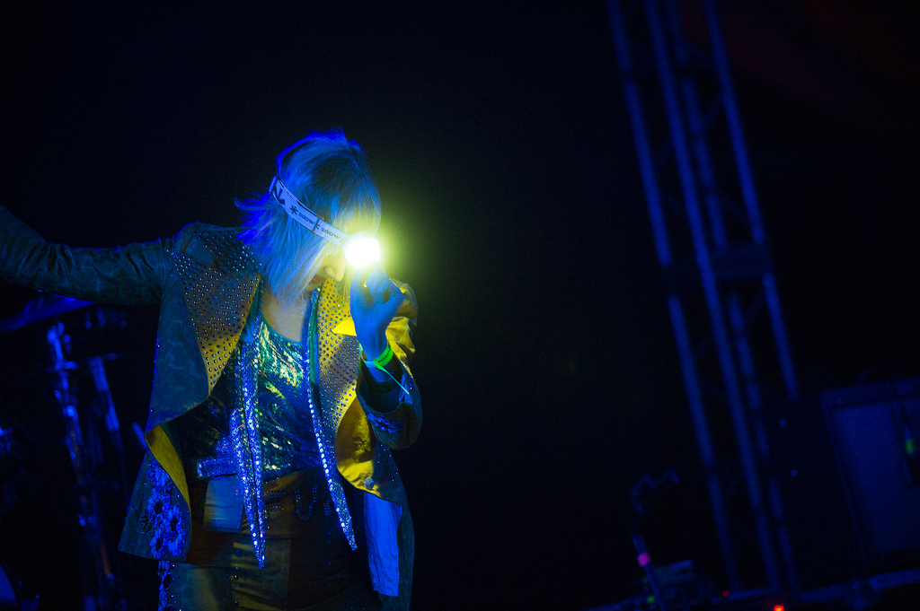 Karen O lit up the night at Stubb's. She also wore a headlamp.
