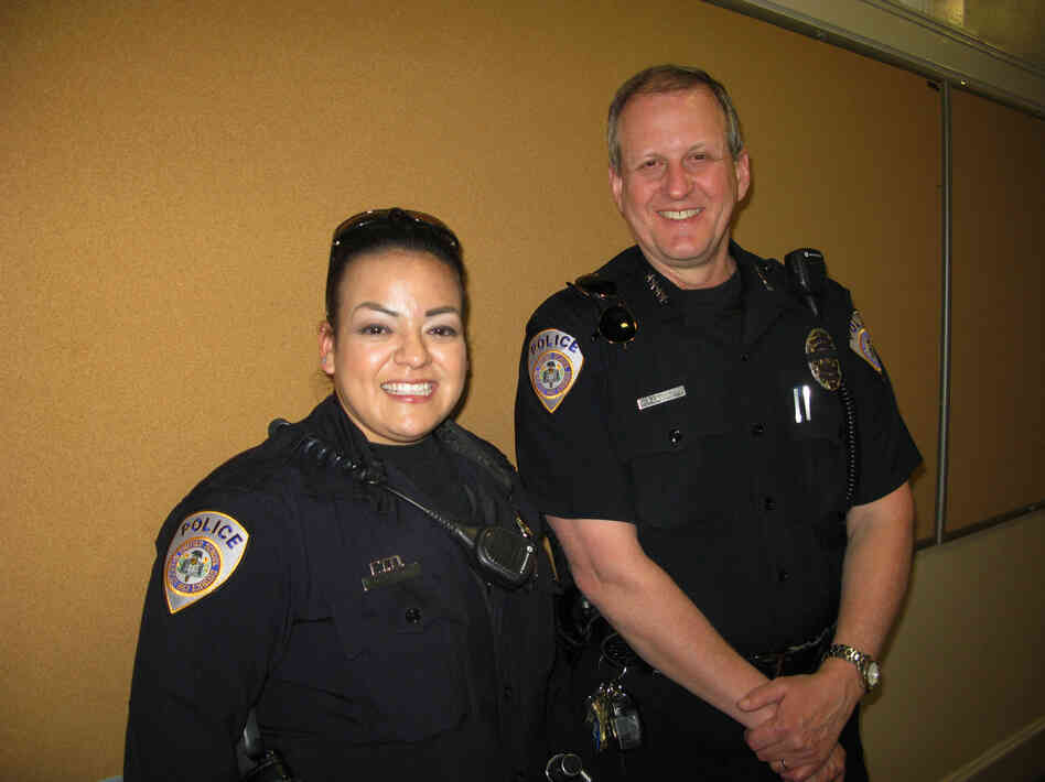 Stockton Unified School District Police Officer Myra Franco and Chief Jim West patrol 50 schools in California's Central Valley region. One of the campuses was the site of a 1989 shooting massacre. Stockton Unified School District Police Officer Myra Franco and Chief Jim West patrol 50 schools in California's Central Valley region. One of the campuses was the site of a 1989 shooting massacre.