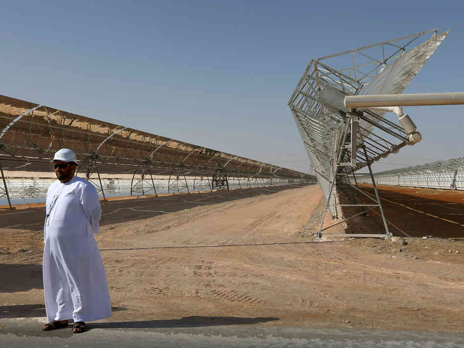 Rows of parabolic mirrors at the Shams 1 plant in Abu Dhabi.