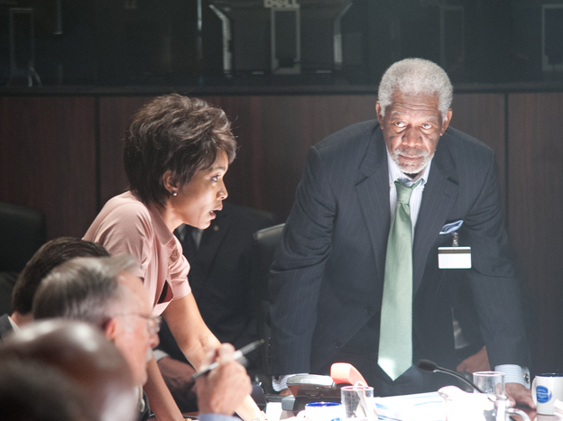 Angela Bassett portrays Secret Service Director Lynn Jacobs and Morgan Freeman is acting President/Speaker of the House Allan Trumbull in Olympus Has Fallen.