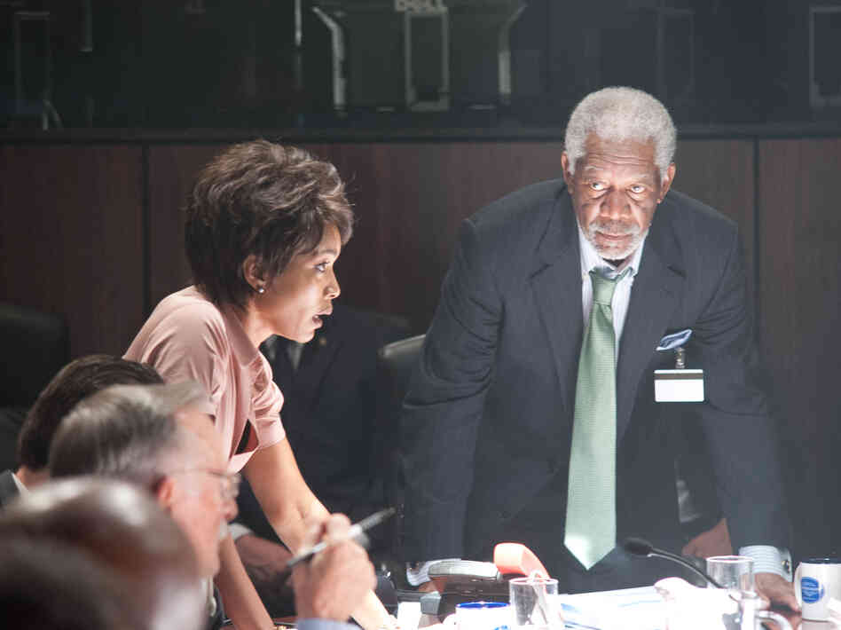 Angela Bassett portrays Secret Service Director Lynn Jacobs and Morgan Freeman is acting President/Speaker of the House Allan Trumbull in Olympus Has Fallen.
