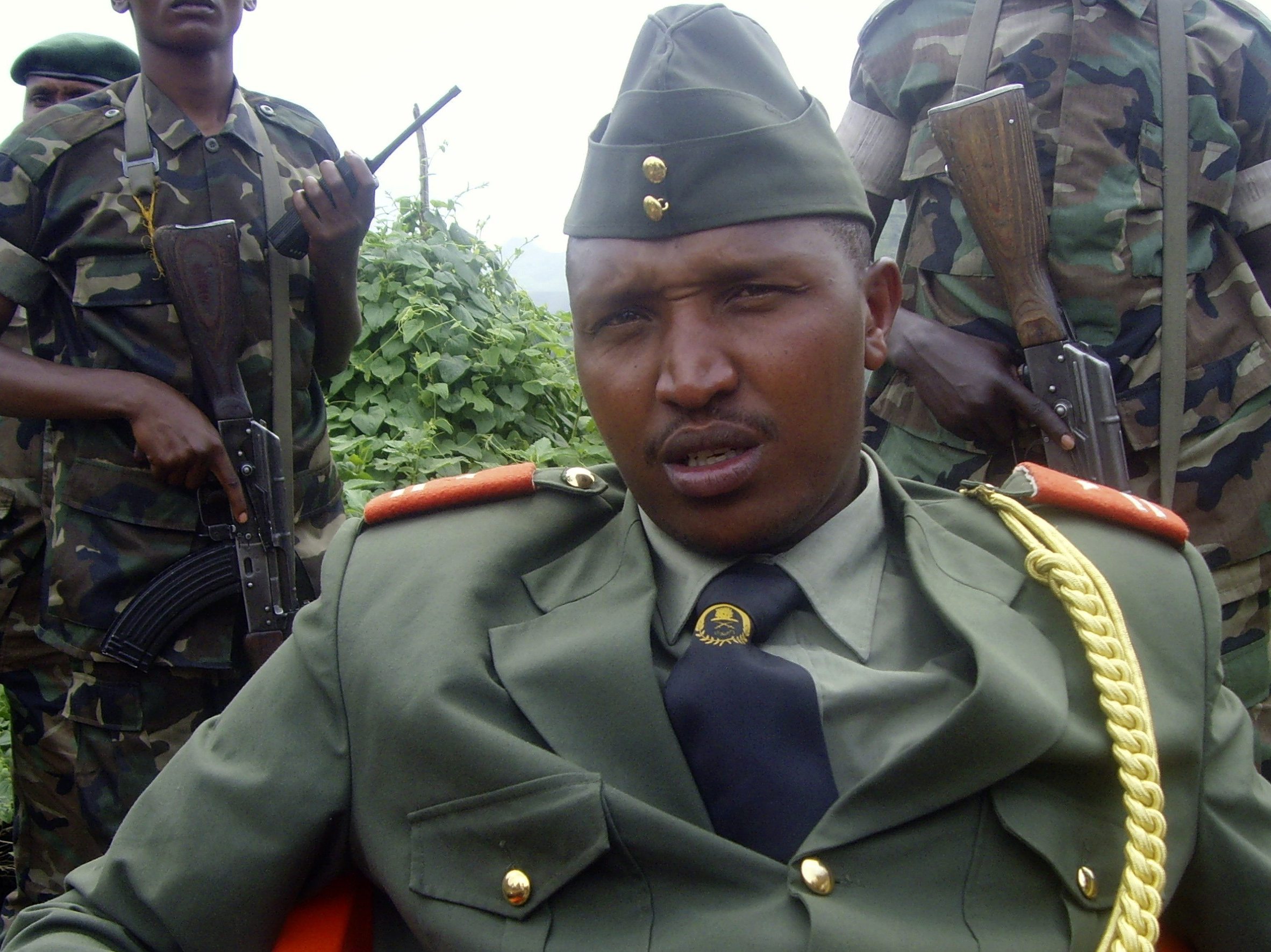 Gen. Bosco Ntaganda addresses a news conference in Kabati, a village located in Congo's North Kivu province, on Jan. 8, 2009. He showed up at the U.S. Embassy in Kigali on Monday and asked to be transferred to The Hague where is wanted on war crimes charges.