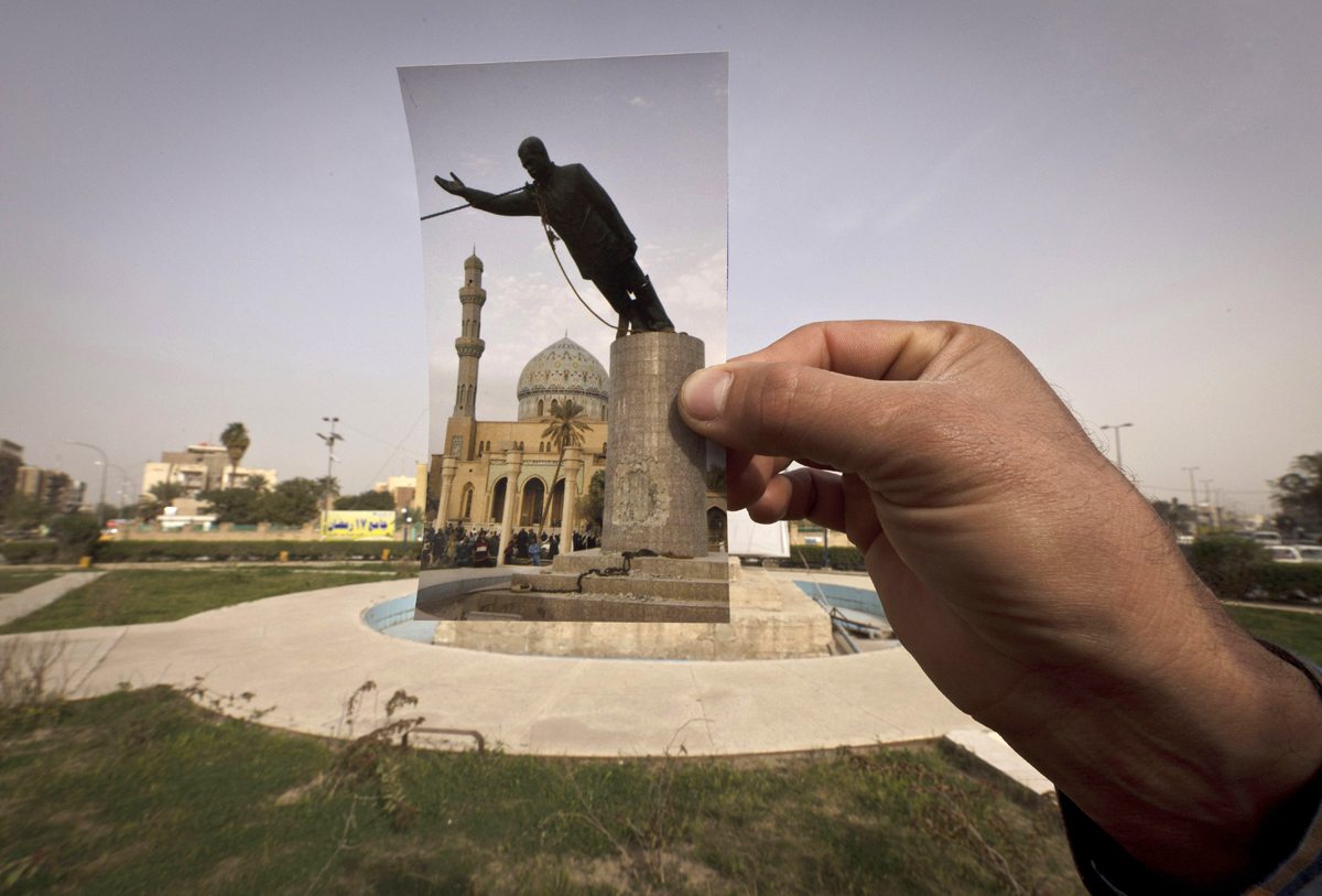 Ten years ago on live television, U.S. Marines memorably hauled down a Soviet-style statue of Saddam Hussein in Firdous Square — photographed in 2003 by Jerome Delay of AP. Today, that pedestal in central Baghdad stands empty. Bent iron beams sprout from the top, and posters of anti-American Shiite cleric Muqtada al-Sadr in military fatigues are pasted on the sides.