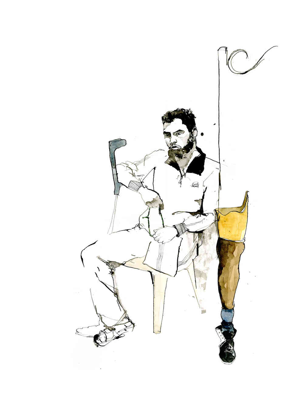 Ibrahim is 24 and describes himself as a general in the Free Syrian Army. He was shelled last May in Idlib and is getting used to his new leg, which he has had for a month. He says he would like to return to fight Bashar Assad, the Syrian president.