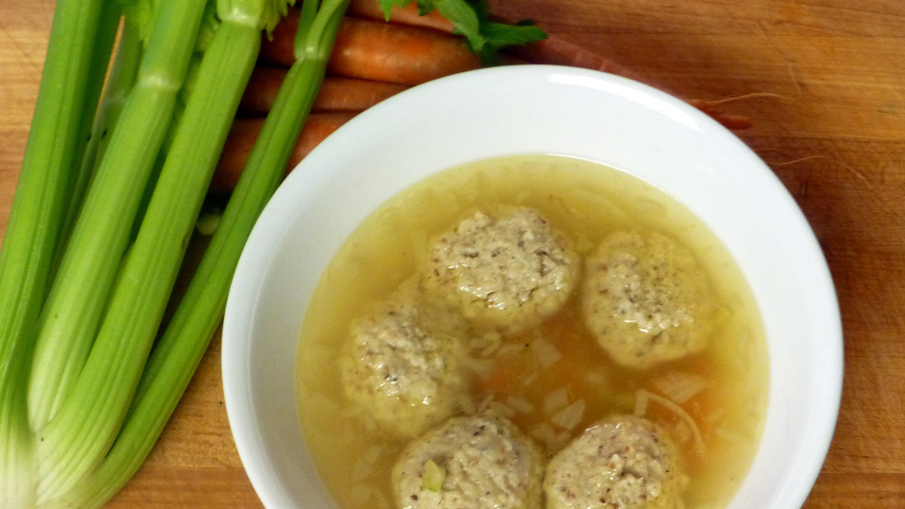 This version of Matzo Ball Soup is made with rendered chicken fat, or schmaltz.