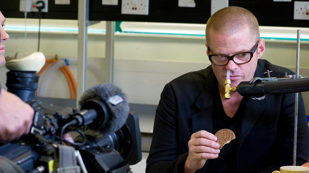 Hooked up to a gadget that measures food flavors, chef Heston Blumenthal tests whether a cookie tastes better after it's dipped into tea.
