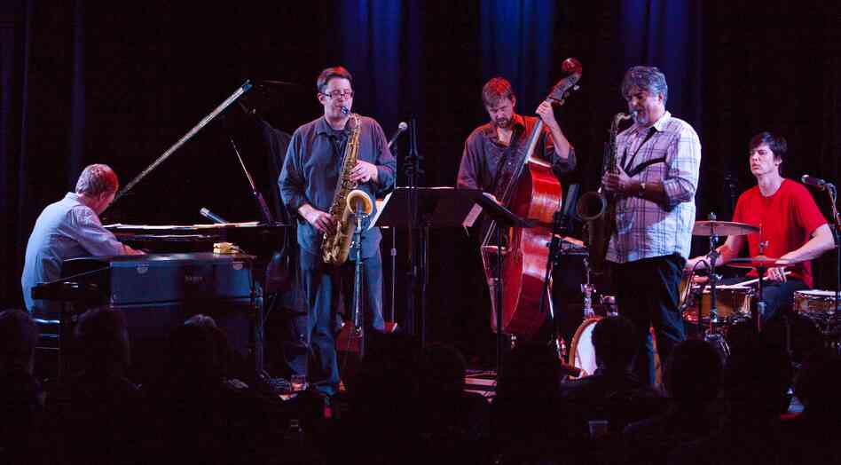 Chris Lightcap's Bigmouth band includes (left to right): Matt Mitchell, keyboards; Andrew Bishop, tenor saxophone; Chris Lightcap, bass; Tony Malaby, tenor saxophone; Ches Smith, drums.