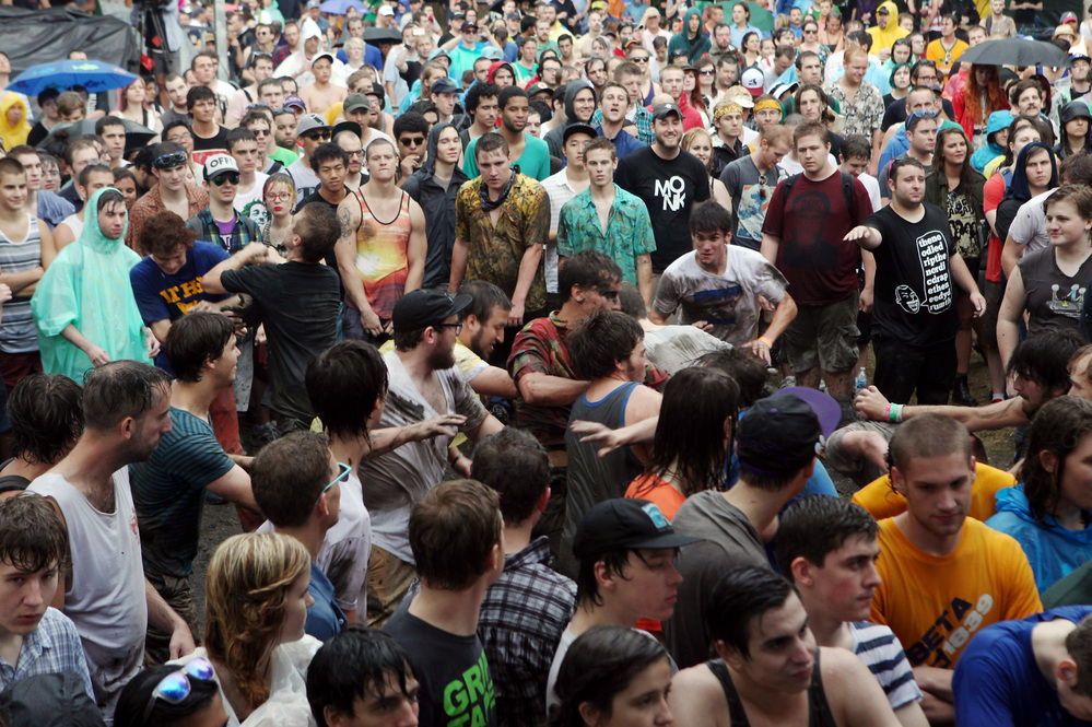 Fans in the mosh pit during the performance of Liturgy at the 2012 Pitchfork Music Festival in Union Park, Chicago, on July 14, 2012.