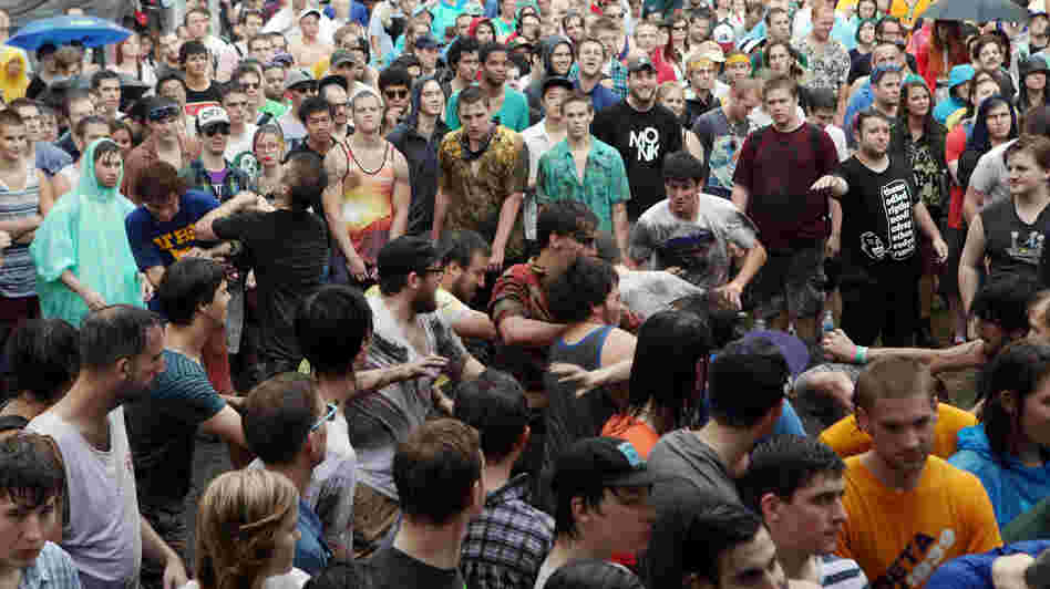 Fans in the mosh pit during the performance of Liturgy at the 2012 Pitchfork Music Festival in Union Park, Chicago, on July 14, 2012.