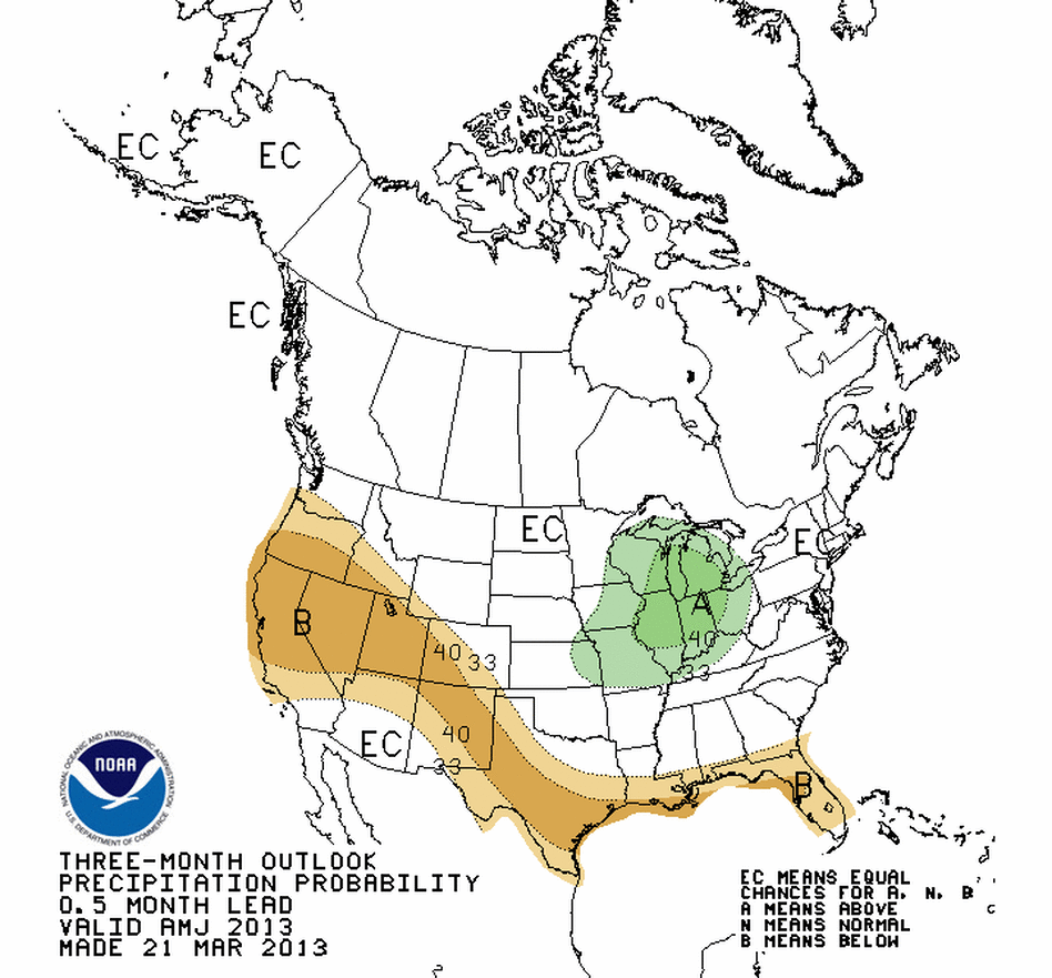 A map showing below-average precipitation in tan and above-average precipitation in green. A map showing below-average precipitation in tan and above-average precipitation in green.