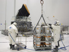 Technicians prepare the Planck satellite for hydrazine fueling in April 2009. Technicians prepare the Planck satellite for hydrazine fueling in April 2009.