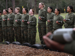 Recruits listen to instructions during boot camp at the Marine Corps Recruit Depot on Parris Island, S.C., on Feb. 27.