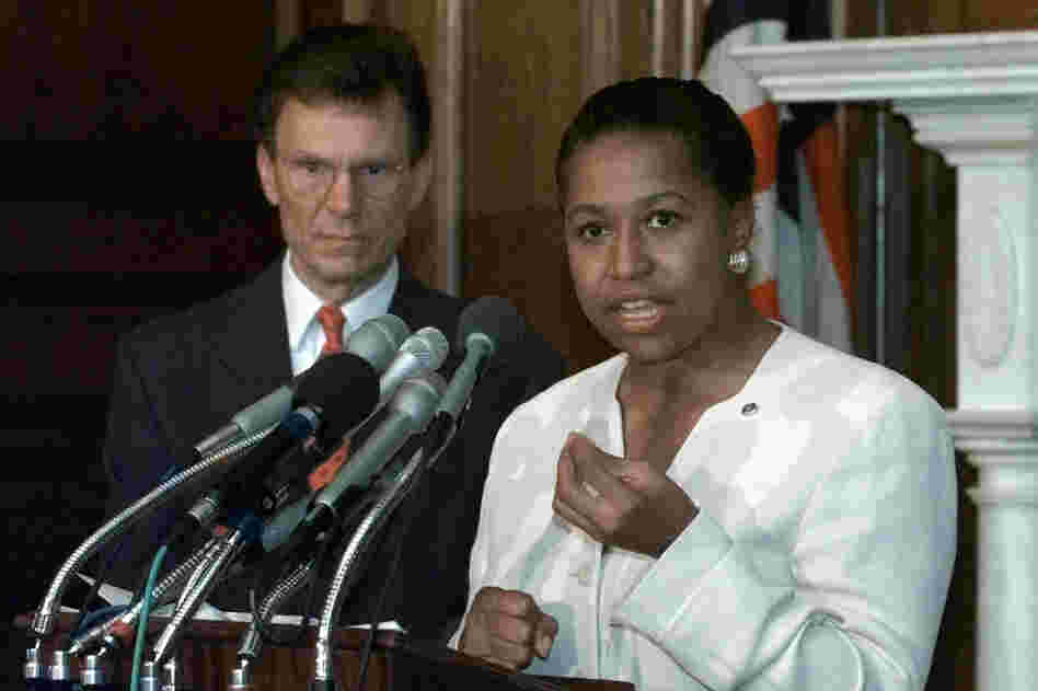 Former Sen. Carol Moseley-Braun, D-Ill., accompanied by then-Senate Minority Leader Tom Daschle of South Dakota, speaks on Capitol Hill in 1997. After being elected to the Senate in 1992, Moseley-Braun was one of two women named to the all-male Judiciary Committee.