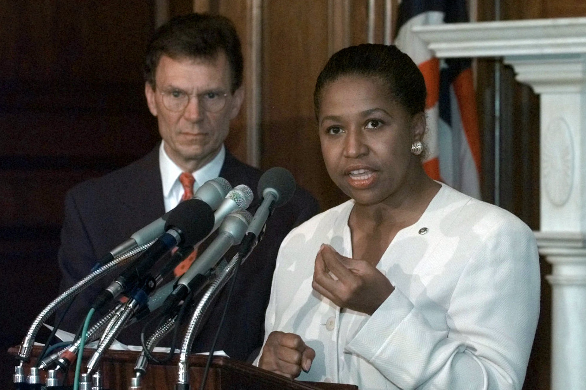 Former Sen. Carol Moseley-Braun, D-Ill., accompanied by then-Senate Minority Leader Tom Daschle of South Dakota, speaks on Capitol Hill in 1997. After being elected to the Senate in 1992, Moseley-Braun was one of two women named to the all-male Judiciary Committee.