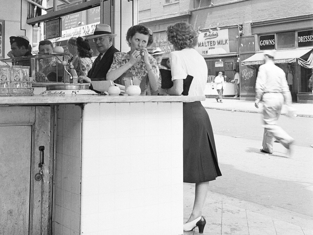 A crowded soda fountain on Broadway in New York City, 1945.