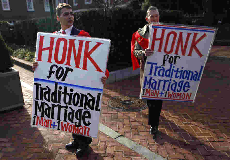 Zachariah Long (left) and Edward Ritchie protested last year against a gay marriage bill in Maryland. In 1973, Maryland became the first state to define marriage as a union of one man and one woman. Voters there legalized gay marriage in 2012.