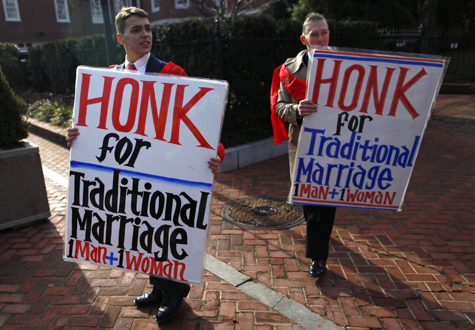 Zachariah Long (left) and Edward Ritchie protested last year against a gay marriage bill in Maryland. In 1973, Maryland became the first state to define marriage as a union of one man and one woman. Voters there legalized gay marriage in 2012.
