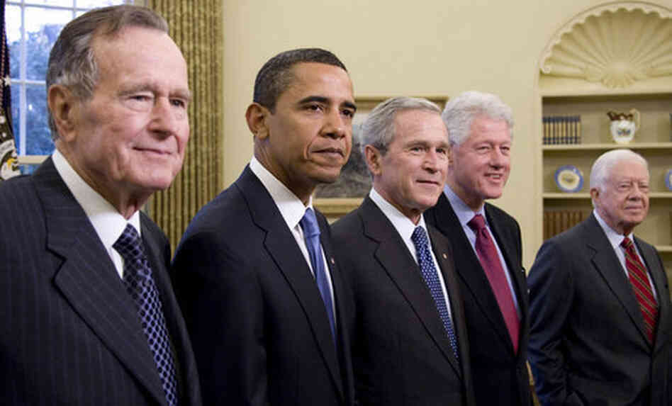 George H. W. Bush, Barack Obama, George W. Bush, Bill Clinton and Jimmy Carter. George H. W. Bush, Barack Obama, George W. Bush, Bill Clinton and Jimmy Carter.