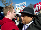 A member of the New York Hispanic Clergy Organization (right) is confronted by a pro-gay-marriage activist outside the Supreme Court on Tuesday. A member of the New York Hispanic Clergy Organization (right) is confronted by a pro-gay-marriage activist outside the Supreme Court on Tuesday.
