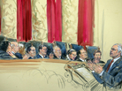 This artist rendering shows attorney Charles J. Cooper, who was defending California's voter-passed ban on gay marriage, addressing the Supreme Court on Tuesday. From left, the justices are Sonia Sotomayor, Stephen Breyer, Clarence Thomas, Antonin Scalia, (Chief Justice) John Roberts, Anthony Kennedy, Ruth Bader Ginsburg, Samuel Alito and Elena Kagan. This artist rendering shows attorney Charles J. Cooper, who was defending California's voter-passed ban on gay marriage, addressing the Supreme Court on Tuesday. From left, the justices are Sonia Sotomayor, Stephen Breyer, Clarence Thomas, Antonin Scalia, (Chief Justice) John Roberts, Anthony Kennedy, Ruth Bader Ginsburg, Samuel Alito and Elena Kagan.
