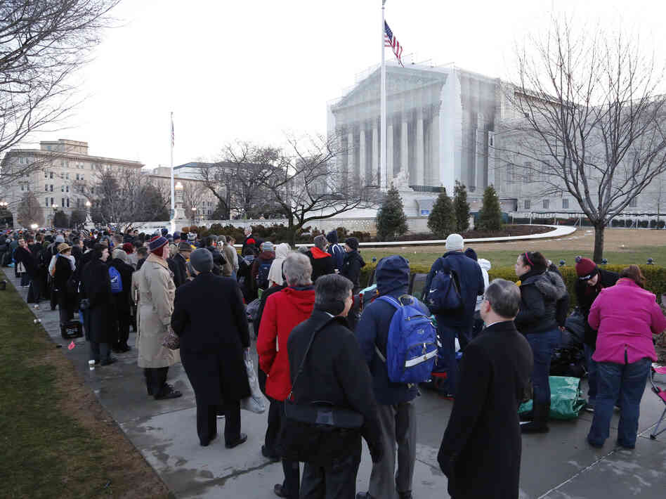 The line was long Tuesday outside the Supreme Court in Washington, D.C., as spectators came to hear the oral arguments about California's Proposition 8. The line was long Tuesday outside the Supreme Court in Washington, D.C., as spectators came to hear the oral arguments about California's Proposition 8.