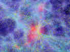 A computer simulation of the formation of large-scale structures in the Universe, showing a patch of 100 million light-years and the resulting coherent motions of galaxies flowing towards the highest mass concentration in the centre. The snapshot refers to an epoch about 10 billion years back in time. A computer simulation of the formation of large-scale structures in the Universe, showing a patch of 100 million light-years and the resulting coherent motions of galaxies flowing towards the highest mass concentration in the centre. The snapshot refers to an epoch about 10 billion years back in time.