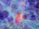 A computer simulation of the formation of large-scale structures in the Universe, showing a patch of 100 million light-years and the resulting coherent motions of galaxies flowing towards the highest mass concentration in the centre. The snapshot refers to an epoch about 10 billion years back in time. A computer simulation of the formation of large-scale structures in the Universe, showing a patch of 100 million light-years and the resulting coherent motions of galaxies flowing towards the highest mass concentration in the centre. The snapshot refers to an epoch about 10 billion years back in time.