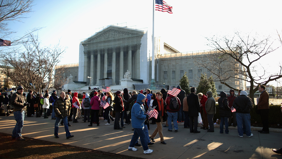 Hundreds of people line up outside the Supreme Court for a chance to hear oral arguments Wednesday in Washington, D.C. The Supreme Court is hearing arguments in the second case this week about same-sex marriage.