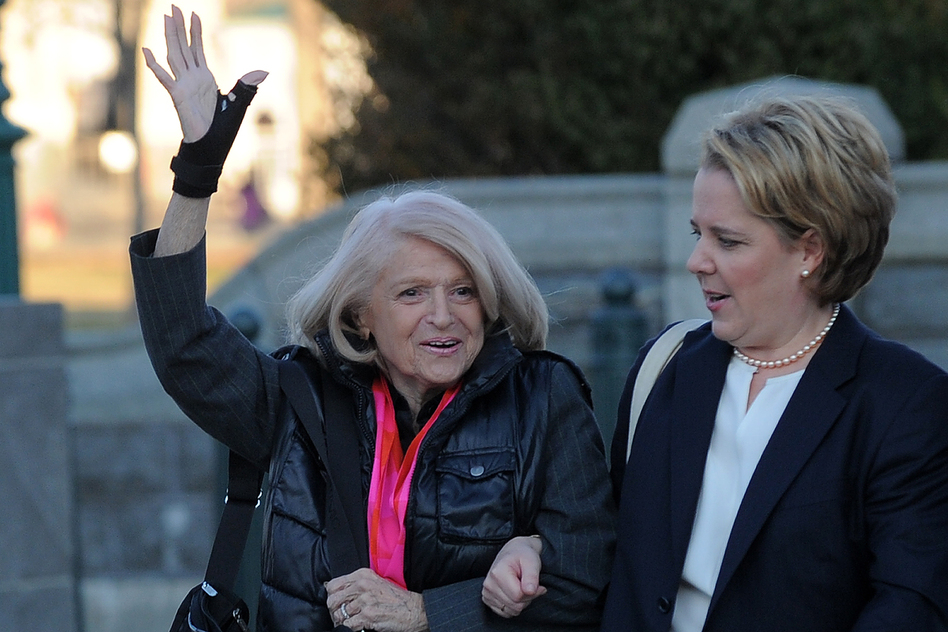 Edie Windsor (left), who was ordered to pay federal inheritance tax of $363,000 after the death of her partner of more than 40 years in 2009 (United States v. Windsor), arrives with her lawyer Roberta Kaplan at the Supreme Court.