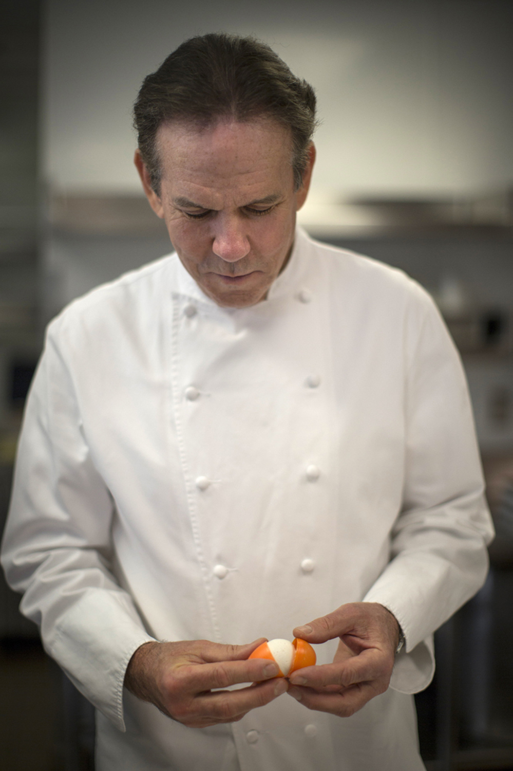 Thomas Keller demonstrates how to prepare and open his recipe for his marshmallow eggs at his Bouchon Bakery in Beverly Hills.