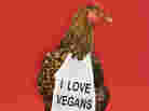 Golden Laced Wyandotte chicken wearing sign reading "I love vegans".
