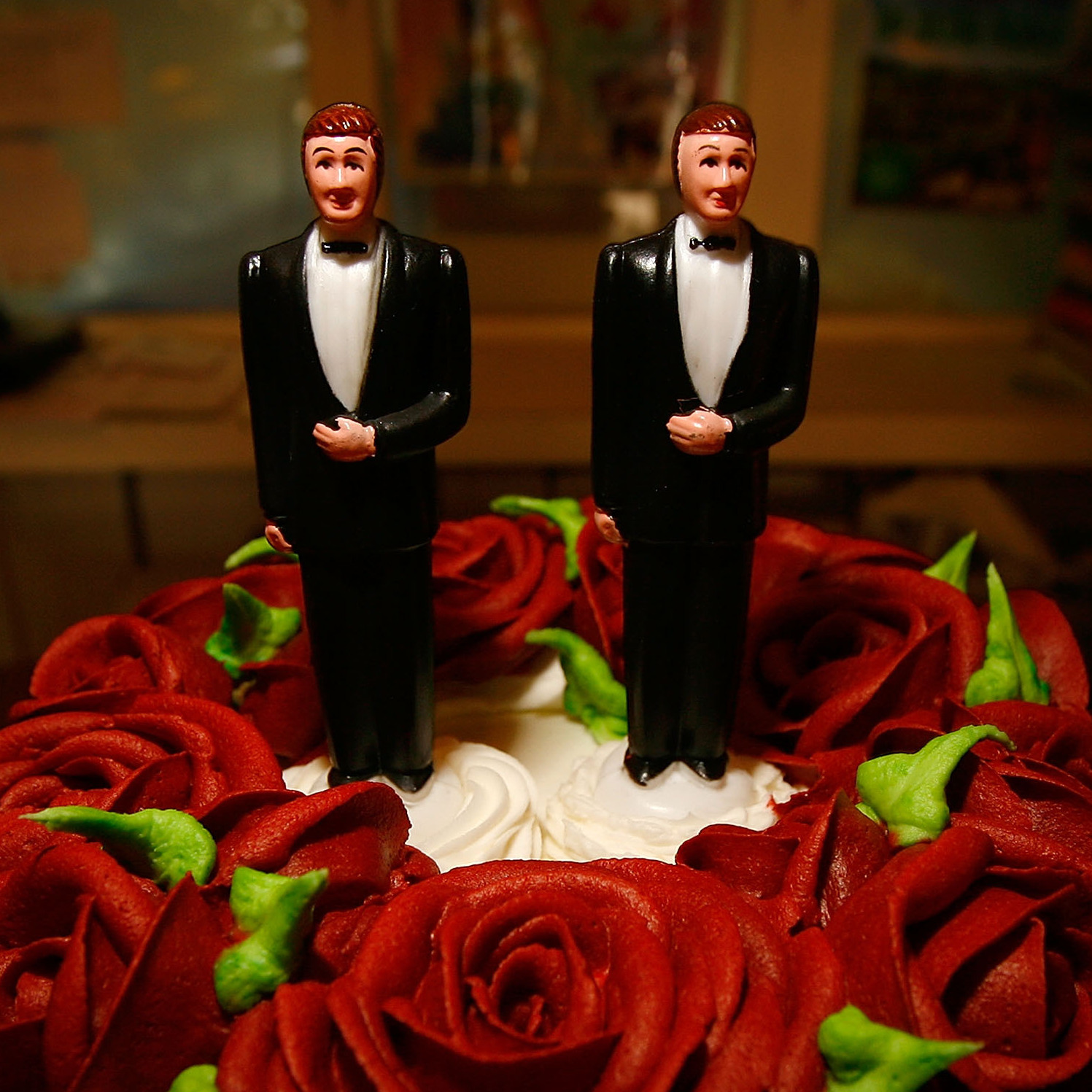 Same-sex wedding cake topper figurines at Cake and Art in 2008 in West Hollywood, Calif.